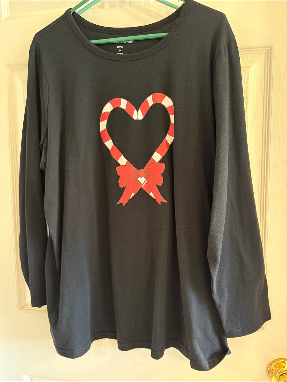 Woman’s Black Long-Sleeve Tee with Red Candy-Heart Graphic